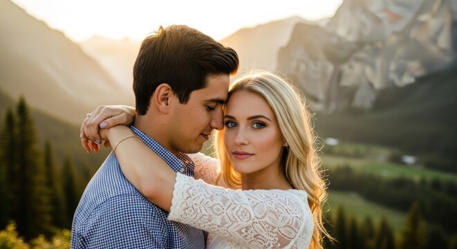 A couple embracing in a picturesque mountainous landscape at sunset. - Powered by Adobe