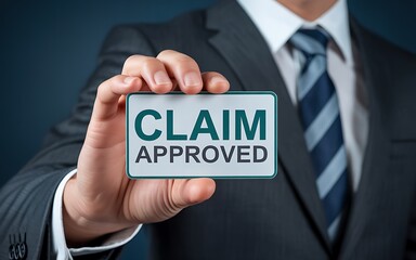 Businessperson holding approved claim card suit