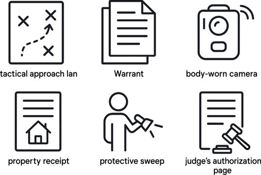 out stroke icon tactical approach plan warrant packet copy body worn camera activation property receipt protective sweep judge s authorization page mono icons style isolated