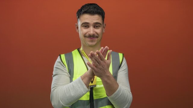 Young hispanic man wearing reflective vest volunteering against isolated orange background pointing and clapping with friendly expression.