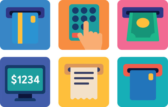si objects card insertion PIN entry cash dispense account balance display printed receipt eject card notice solid color icon out vector fills palette minimal isolated