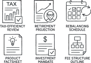 hand drawn icon ta efficiency review retirement projection rebalancing schedule product factsheet investment mandate fee stcture out sketch drawing style icons style isolated