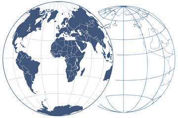 Stylized Blue Globes Showing Continents and Gridlines.