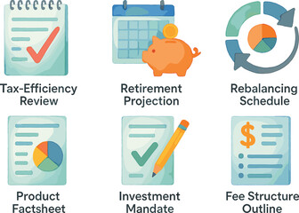 watercolor icon ta efficiency review retirement projection rebalancing schedule product factsheet investment mandate fee stcture out paint colo isolated