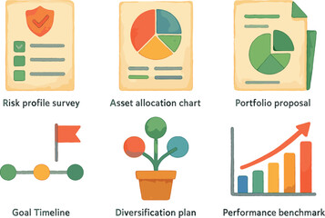 watercolor icon risk profile survey asset allocation chart portfolio proposal goal time diversification plan performance benchmark paint colo isolated