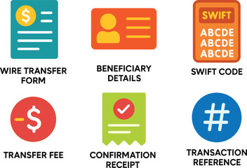 si objects wire traer form beneficiary details SWIFT code entry traer fee debit confirmation receipt transaction reference solid color icon out vector fills palette minimal isolated