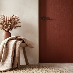 A cozy, minimalist interior scene featuring a wooden stool with a blanket, a vase with dried plants, and a textured brown door against a neutral wall.