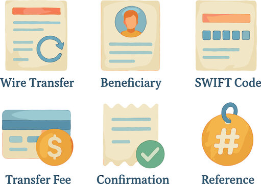 watercolor icon wire traer form beneficiary details SWIFT code entry traer fee debit confirmation receipt transaction reference paint colo isolated