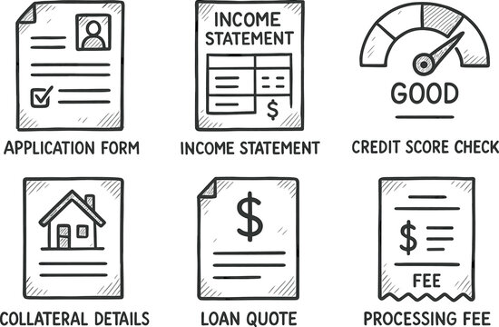 hand drawn icon application form income statement cit score check collateral details loan quote processing fee receipt sketch drawing style icons style isolated