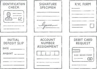 Fototapeta premium identification check signature specimen KYC form initial deposit slip account number assignment debit card request hand drawn pencil sketch style isolated