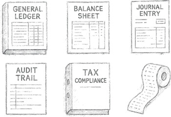 general ledger file balance sheet report journal entry voucher audit trail document ta compliance binder calculator tape roll hand drawn pencil sketch style isolated