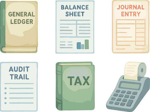 watercolor icon general ledger file balance sheet report journal entry voucher audit trail document ta compliance binder calculator tape roll paint colo isolated