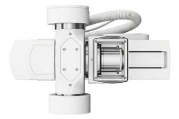 Complex white and chrome robotic assembly for precision work isolated on a transparent background