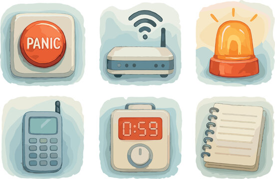 watercolor icon panic button wireless hub strobe GSM communicator entry delay timer event log memory paint colo isolated