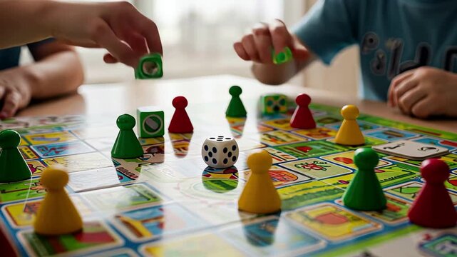 Enthusiastic kids engaged in lively board game play with colorful pieces