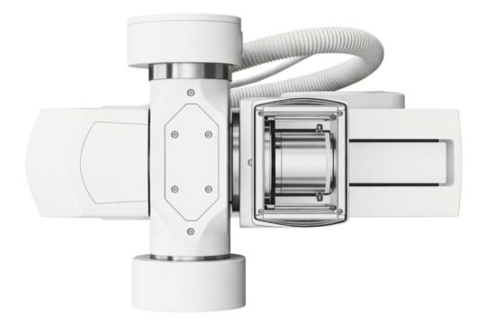 Complex white and chrome robotic assembly for precision work isolated on a transparent background