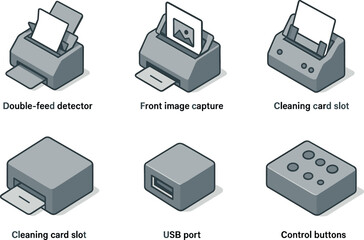 icon double feed detector front image capture auto alignment guide cleaning card slot USB port control buttons isolated