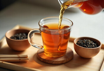 Amber tea being poured into glass mug with dried leaves isolated on a transparent background