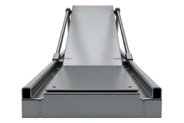 Gray metal industrial chute for a warehouse conveyor system isolated on a transparent background