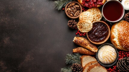 A cozy holiday spread featuring bread, crackers, jam, nuts, and pinecones on a dark rustic surface with festive greenery.