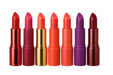 Colorful lipsticks showing different shades of red, orange and violet on transparent background