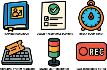 icons training handbook quality assurance scorecard break room timer ticketing system keyboard status indicator call recording notice style isolated