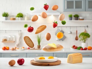 Floating breakfast ingredients including eggs, strawberries, bread, and vegetables hover above a kitchen counter with fried eggs on a pan.
