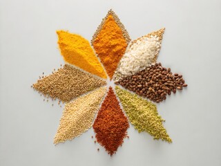 Various spices and grains arranged in a star-shaped pattern on a white background.