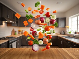 Fresh vegetables including tomatoes, onions, carrots, and broccoli are suspended mid-air above a wooden kitchen counter.