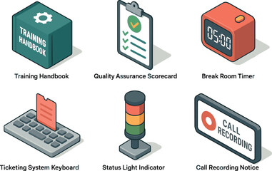 icon training handbook quality assurance scorecard break room timer ticketing system keyboard status indicator call recording notice isolated