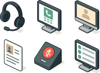 icon headset with mic dialer software screen customer account prompt scripted response sheet mute button console call queue monitor isolated
