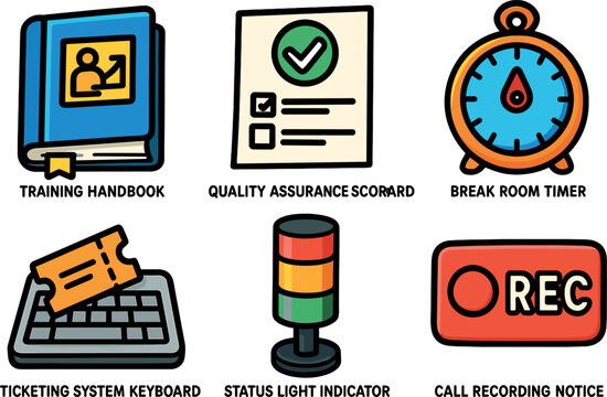 icons training handbook quality assurance scorecard break room timer ticketing system keyboard status indicator call recording notice style isolated