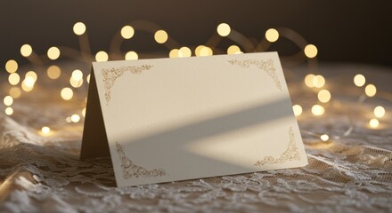 Elegant Blank Card with Ornate Border on Lace Surface with Warm Bokeh Lights