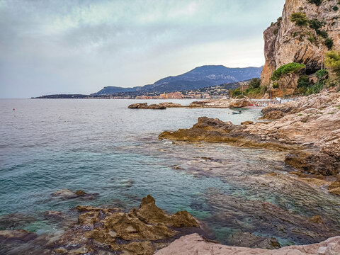 Ventimiglia, Liguria, province of Imperia, Italy .Wild Balzi Rossi beach, border with France with a view of Menton.