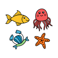 Fototapeta premium Cute cartoon sea creatures including a fish jellyfish starfish and seahorse