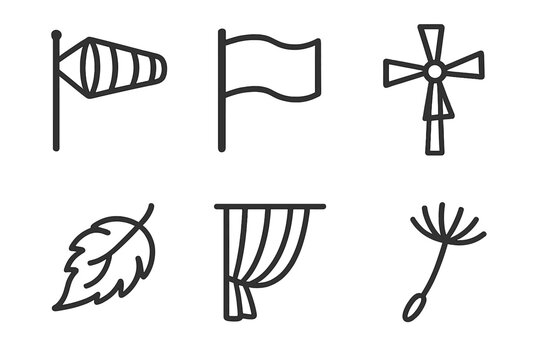 out stroke icon wind sock fluttering flag spinning windmill falling autumn leaf draping curtain airborne dandelion seed out stroke icon