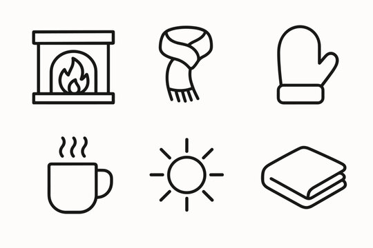 out stroke icon warmth (comfort): hearth scarf mitten hot mug sunbeam blanket. out stroke icon