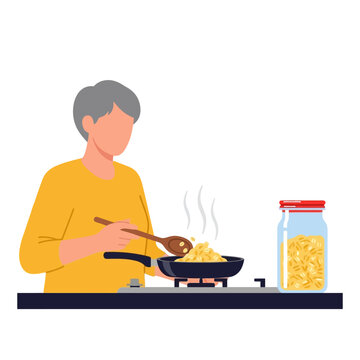 woman cooking yellow pasta in kitchen clip art preview