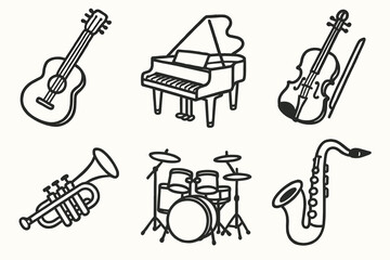 hand drawn cute doodle style isolated music (instments): guitar piano violin tmpet dm saophone