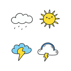 Cute hand drawn weather icons with sun clouds rain and lightning