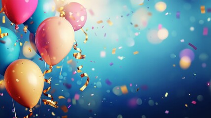 Fototapeta premium Colorful birthday celebration background with festive balloons, confetti, candles, party streamers, and vibrant decorations for joyful event, greeting card, or invitation design