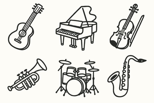 hand drawn cute doodle style isolated music (instments): guitar piano violin tmpet dm saophone