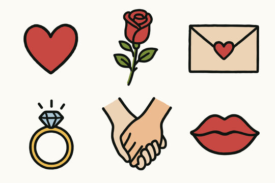 hand drawn cute doodle style isolated love (romance): heart symbol rose love letter engagement ring holding hands kissing lips - Powered by Adobe