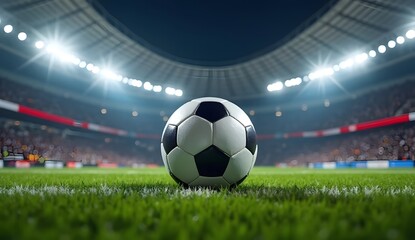 Naklejka premium Soccer Ball on Field with Stadium Lights in Background