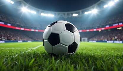 Soccer Ball on Field with Stadium Lights in Background