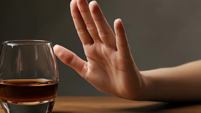 Person refusing drink while sitting at table with whiskey glass  