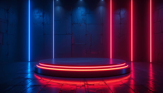 A futuristic stage with neon lights featuring a round platform and textured dark wall backdrop design - Powered by Adobe
