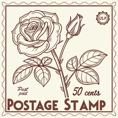 Vintage Botanical Rose Postage Stamp &ndash; Sepia Line Art Floral Illustration with Classic Typography and Aged Paper Texture in Engraving Style

