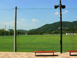 A view of the soccer field from the spectator seating.
This field is one of the facilities of the public sports park.