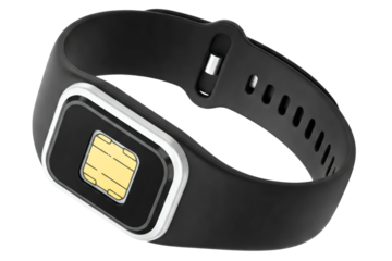 Black adjustable wristband with embedded sim card for connectivity isolated on a transparent background